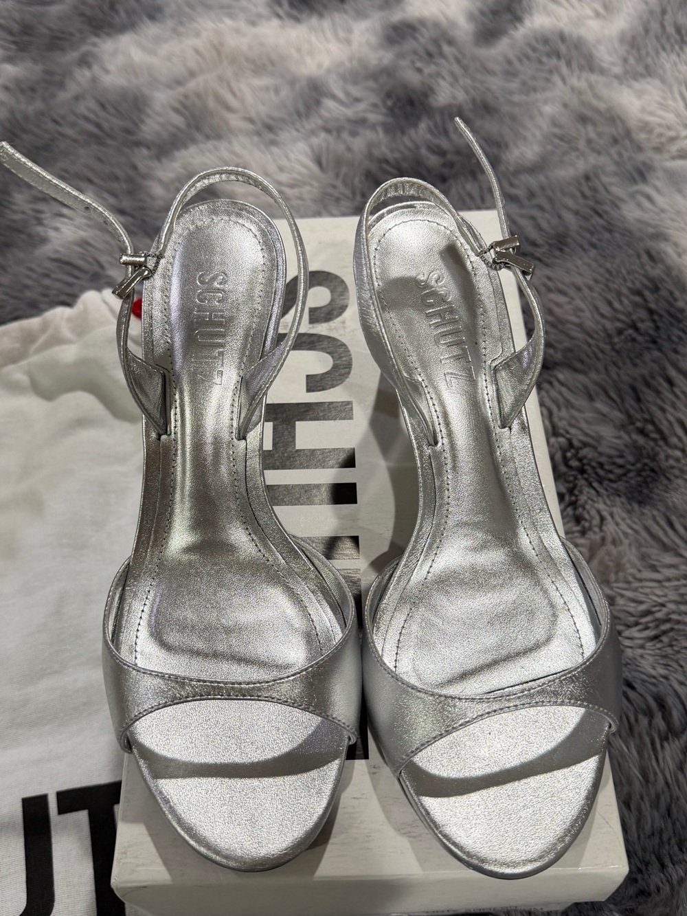SCHUTZ Silver Metallic Open-Toe Slingback Heels